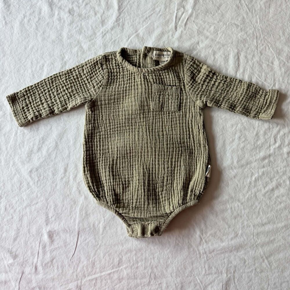 Rabbit Bear Baby Bubble Romper 3-6M Green Organic Cotton Gauze Muslin Onesie